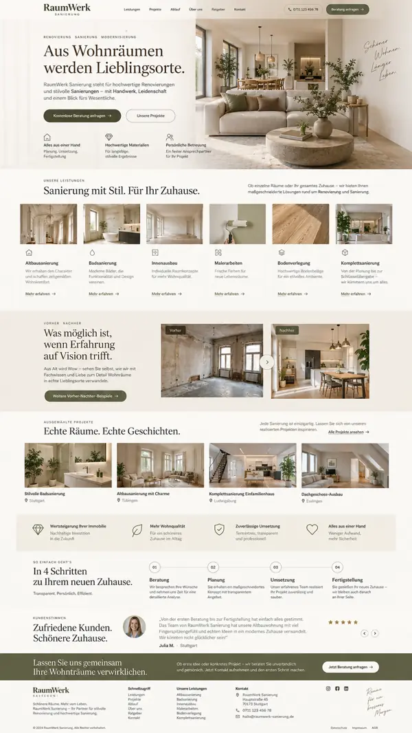 Helles Website-Design für einen Renovierungsbetrieb